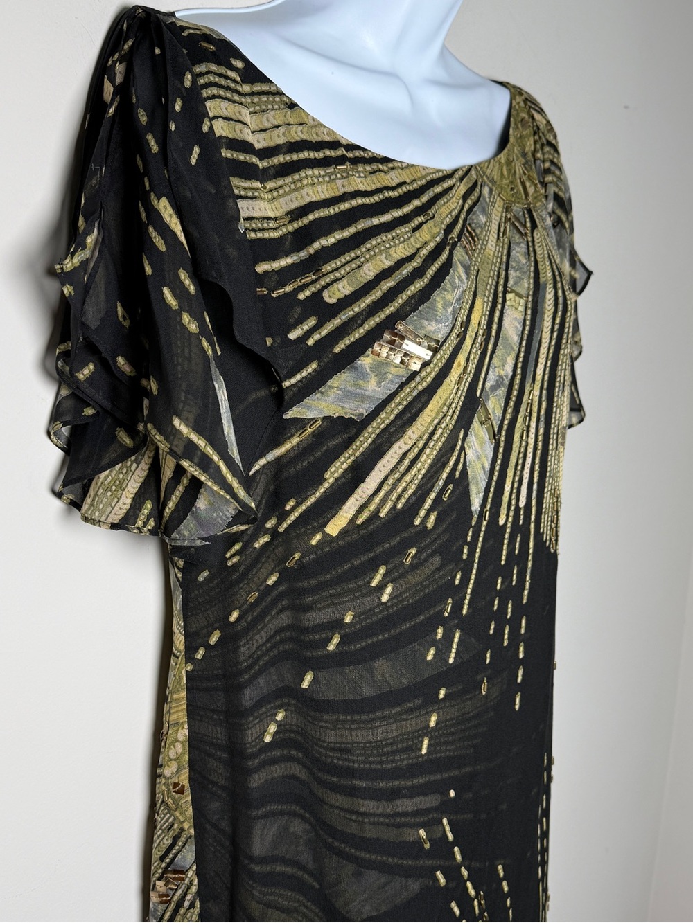 Diane von Furstenberg Silk Embellished Flutter Sleeve Dress Black Gold Art Deco - Picture 4 of 11
